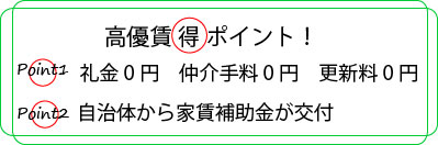 高優賃　得　ポイント！礼金０円　仲介手数料０円　更新料０円　自治体から家賃補助金が交付